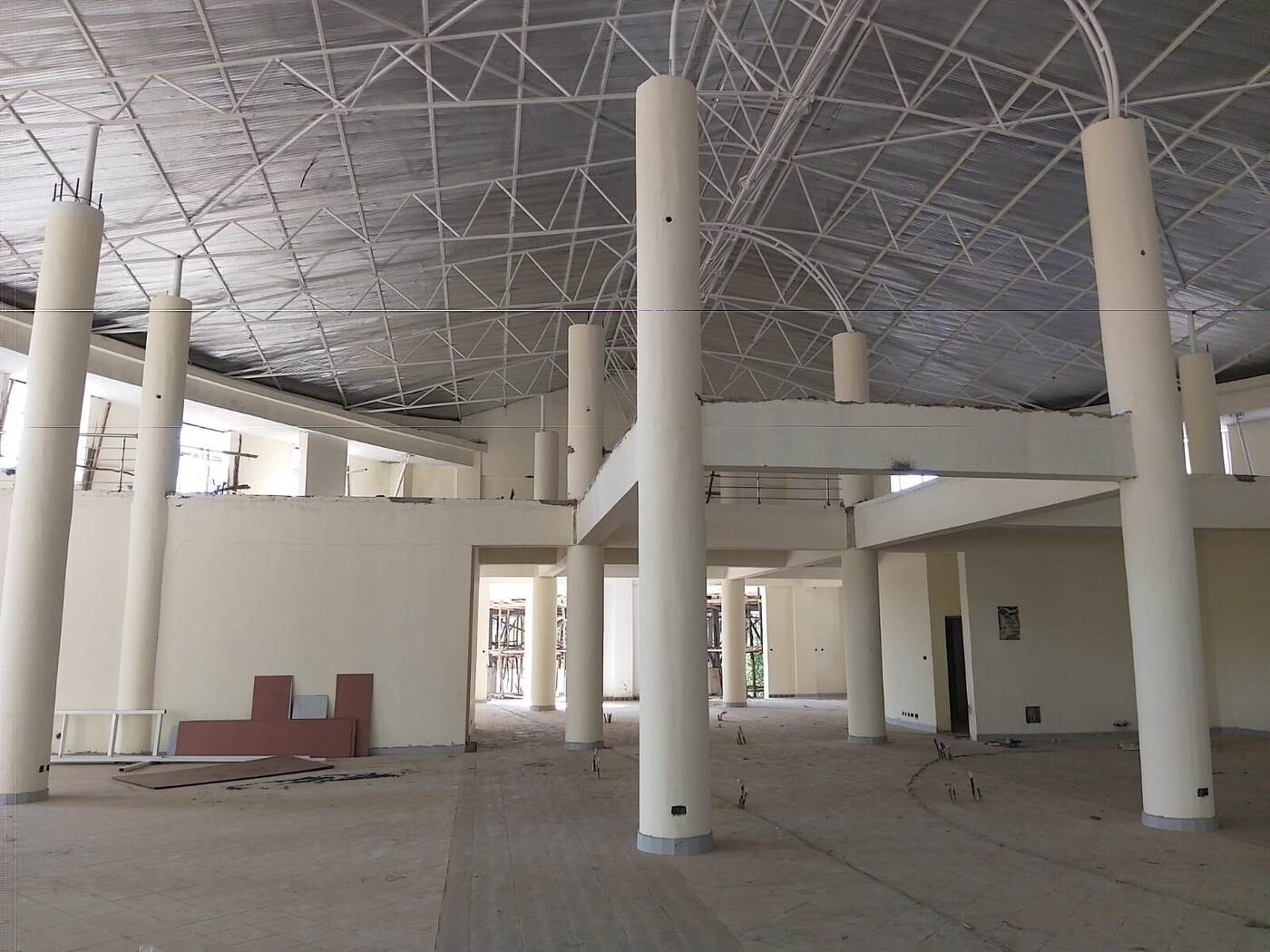 Interior of the multi-purpose hall under its steel roof trusses